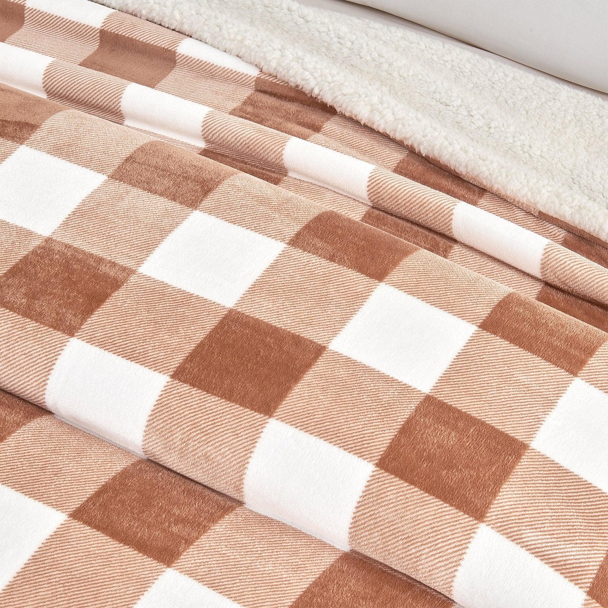 Velvet Plush Sherpa Luxury Bed Blanket Kinsley Collection in tan plaid by Great Bay Home on Tampa Home & Garden Store