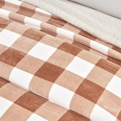 Velvet Plush Sherpa Luxury Bed Blanket Kinsley Collection in tan plaid by Great Bay Home on Tampa Home & Garden Store