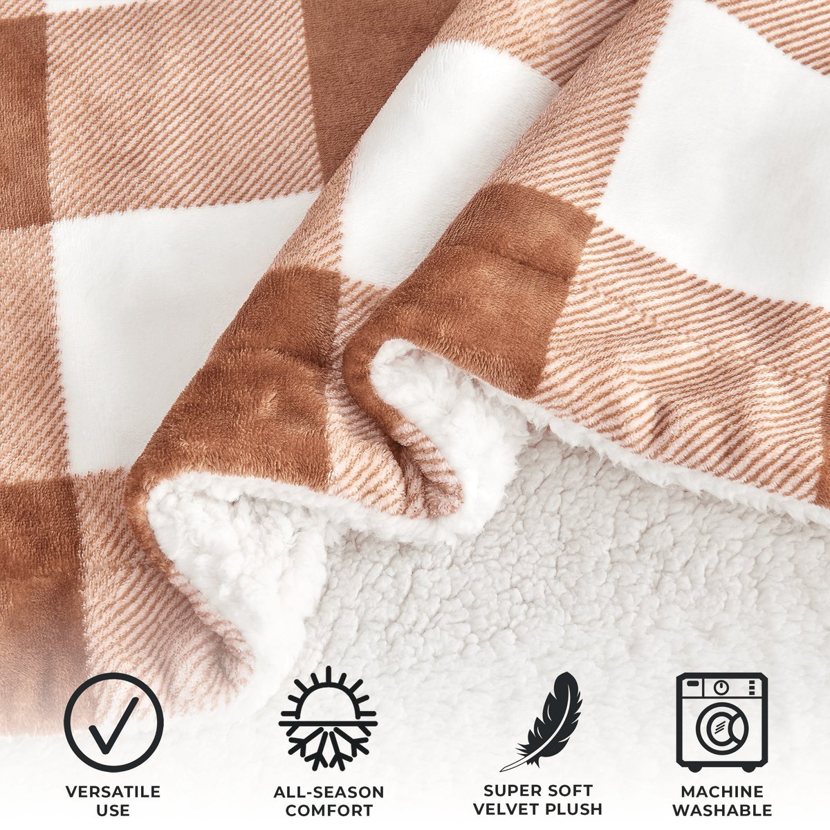 Velvet Plush Sherpa Luxury Bed Blanket - Kinsley, brown and white plaid with sherpa lining on Tampa Home & Garden Store