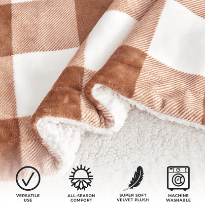 Velvet Plush Sherpa Luxury Bed Blanket - Kinsley, brown and white plaid with sherpa lining on Tampa Home & Garden Store