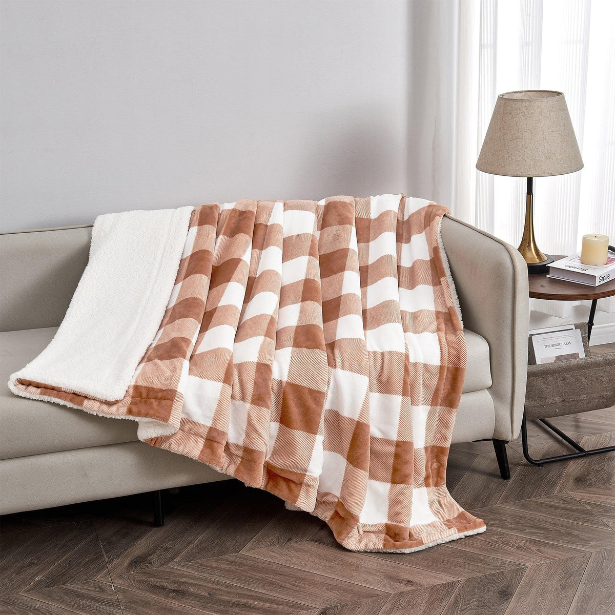 Velvet Plush Sherpa Luxury Bed Blanket Kinsley Collection peach and white plaid by Great Bay Home on Tampa Home & Garden Store