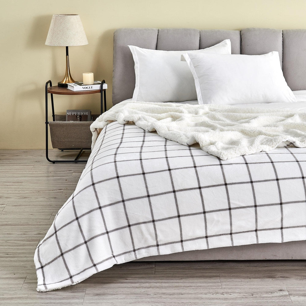 Great Bay Home Velvet Plush Sherpa Luxury Bed Blanket Kinsley Collection white plush on bed on Tampa Home & Garden Store