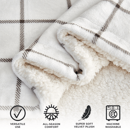 Velvet Plush Sherpa Bed Blanket Kinsley Collection, white with brown plaid, Great Bay Home on Tampa Home & Garden Store