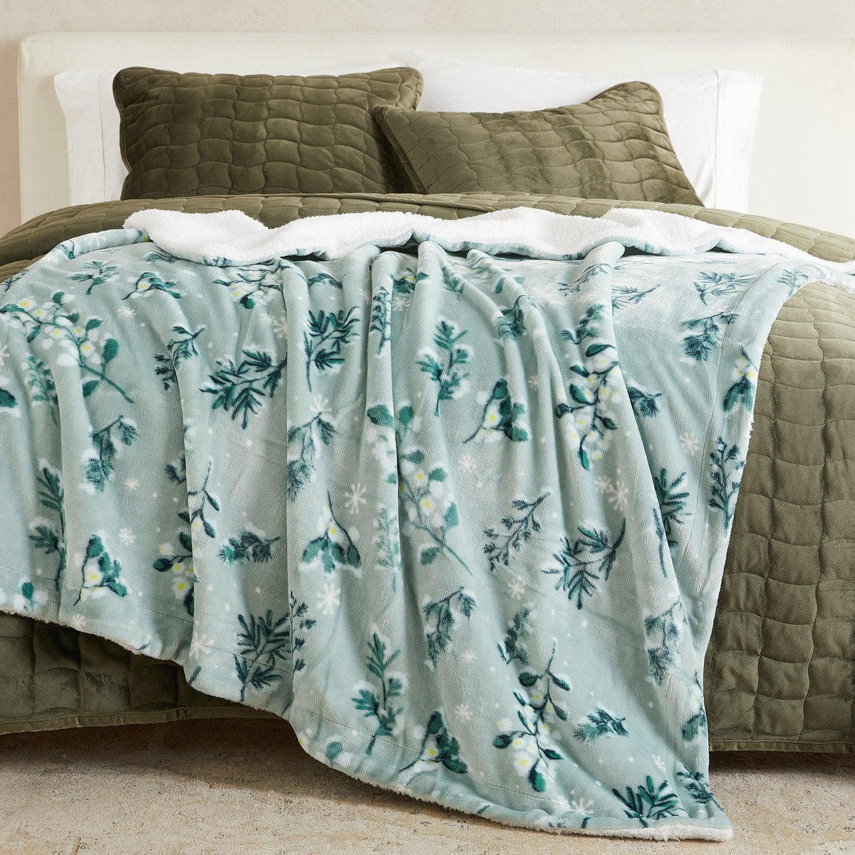 Velvet Plush Sherpa Bed Blanket Kinsley Collection olive quilted fabric with blue botanical throw on Tampa Home & Garden Store