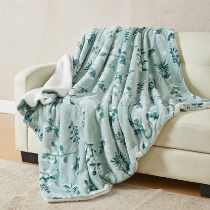 Velvet Plush Sherpa Bed Blanket Kinsley Collection teal botanical print by Great Bay Home on Tampa Home & Garden Store