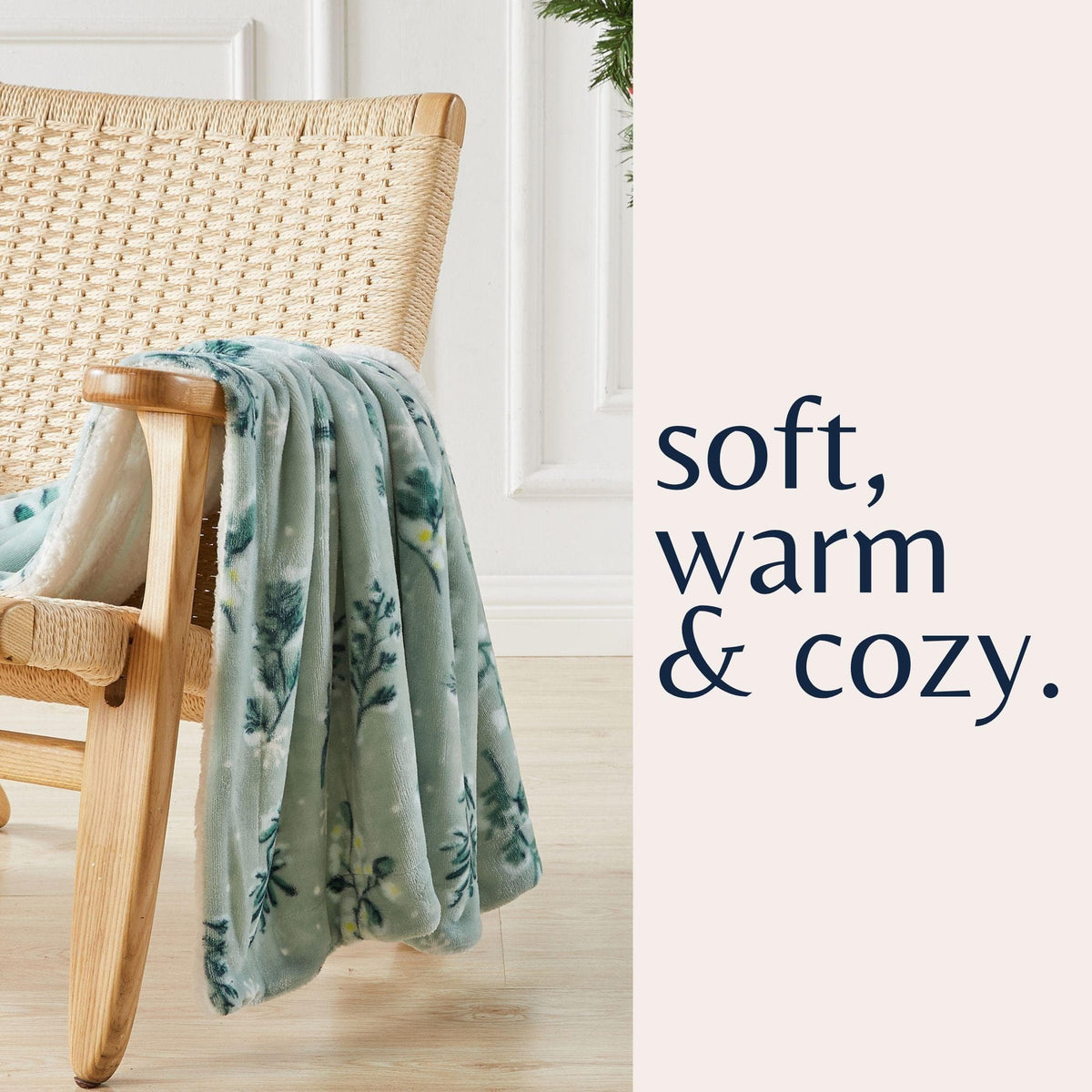 Velvet Plush Sherpa Luxury Bed Blanket - Kinsley Collection in teal floral over wicker chair on Tampa Home & Garden Store