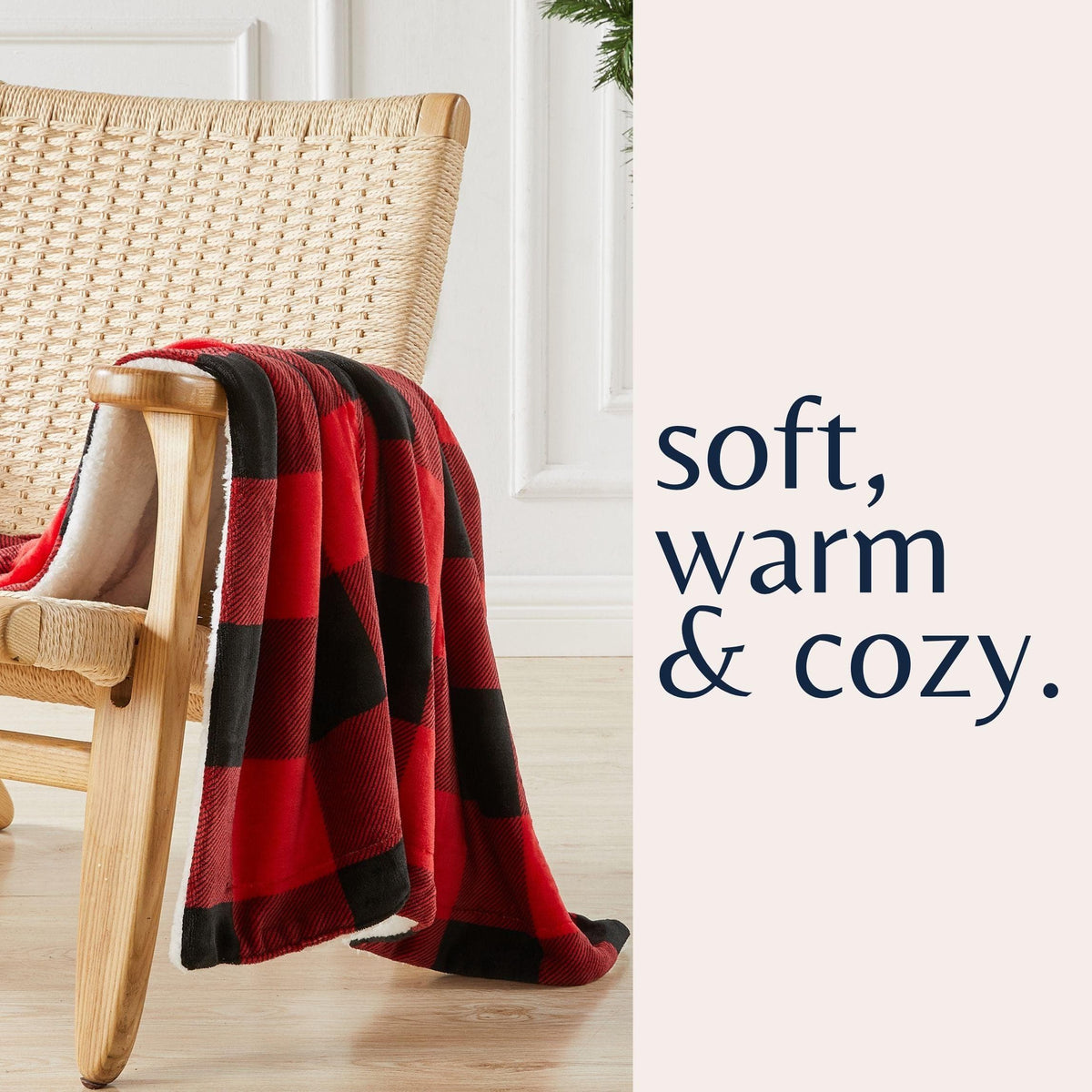 Velvet Plush Sherpa Blanket Kinsley Collection by Great Bay Home in red plaid on wicker chair on Tampa Home & Garden Store