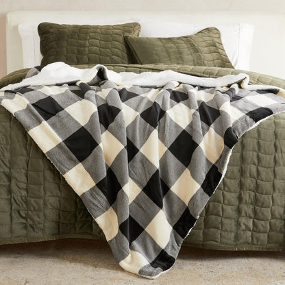 Great Bay Home Velvet Plush Sherpa Bed Blanket - Kinsley Collection, olive green quilted with plaid throw on Tampa Home & Garden Store