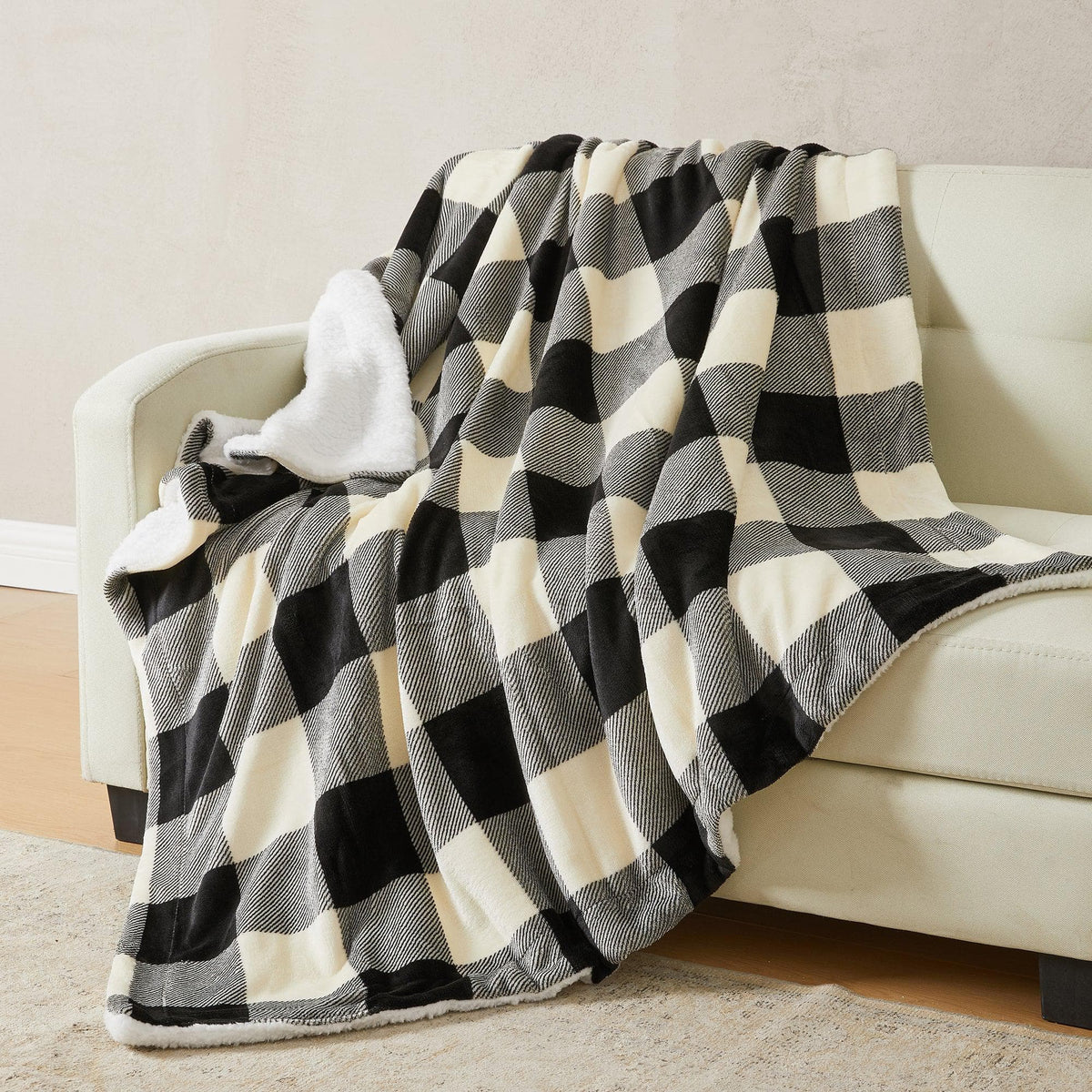 Velvet Plush Sherpa Blanket Kinsley black plaid with plush lining by Great Bay Home on Tampa Home & Garden Store