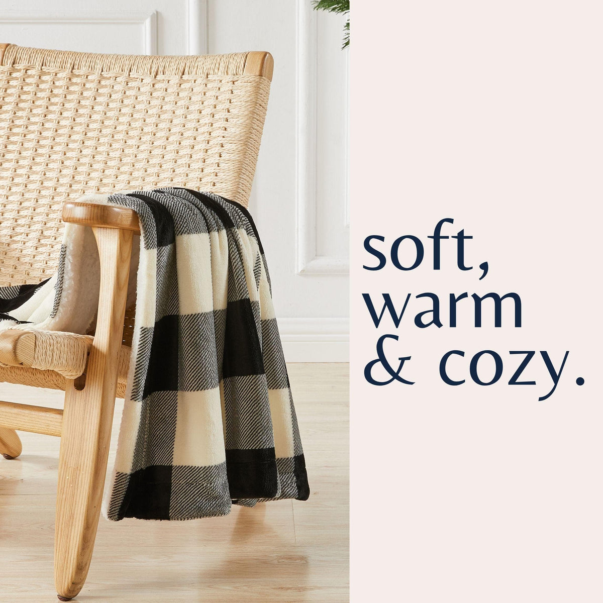 Velvet Plush Sherpa Bed Blanket by Great Bay Home in cream, draped over a woven chair on Tampa Home & Garden Store