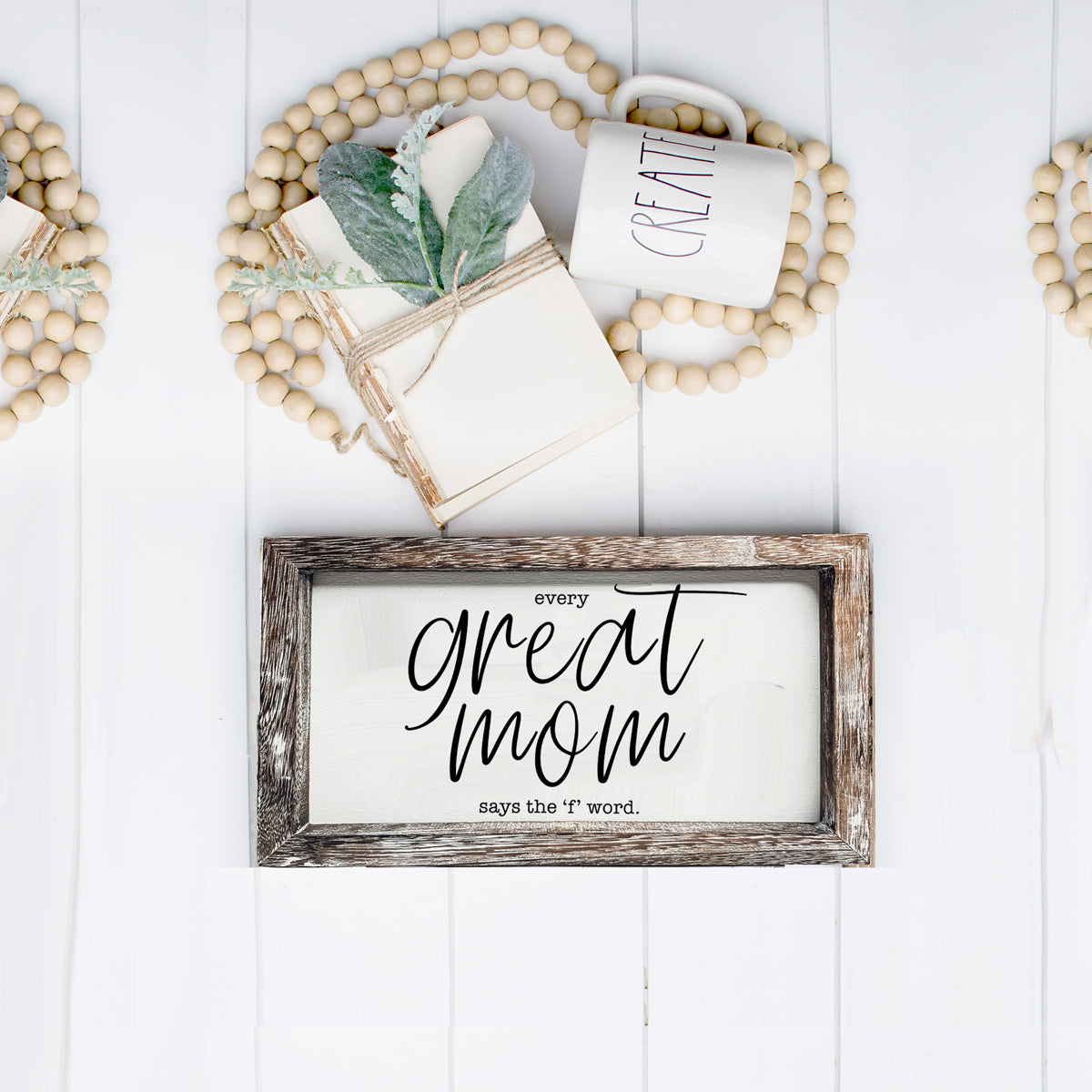 Great Mom sign by Gia Roma, rustic wood-framed home decor with scripted text, plus bead garland on Tampa Home & Garden Store