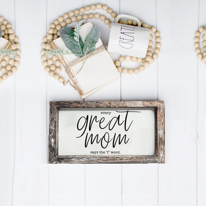 Great Mom sign by Gia Roma, rustic wood-framed home decor with scripted text, plus bead garland on Tampa Home & Garden Store