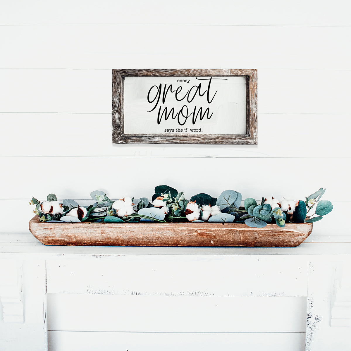 Great Mom sign by Gia Roma with a distressed wood frame and white background on Tampa Home & Garden Store