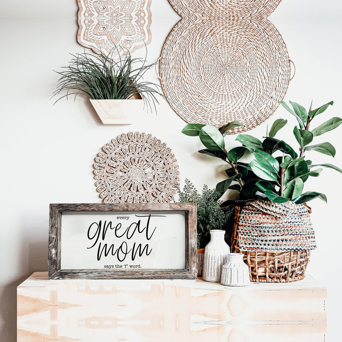 Great Mom Sign Gia Roma framed sign with gray wood frame, white panel and black script on Tampa Home & Garden Store