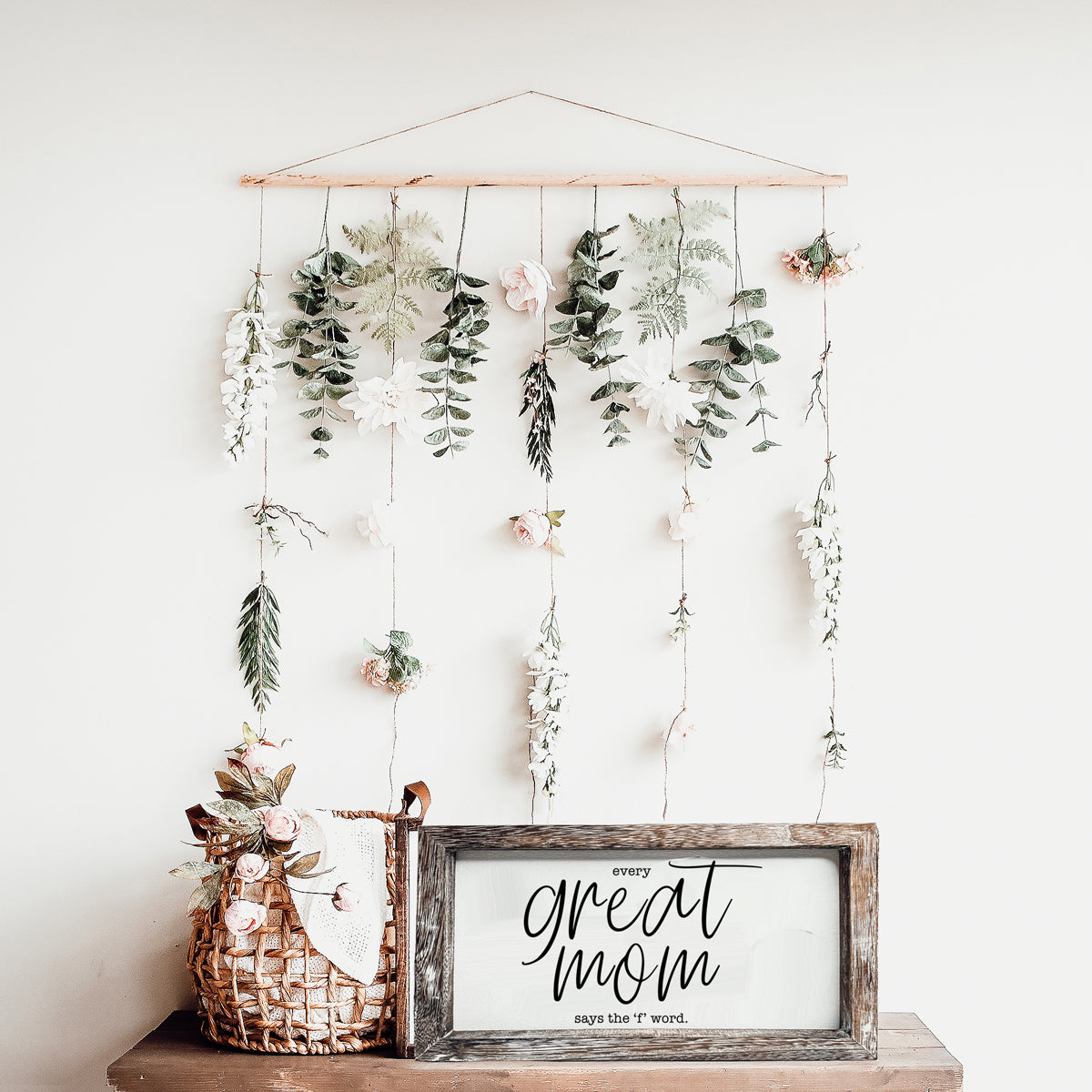 Great Mom Sign by Gia Roma wall decor with greenery and pastel blooms from a dowel on Tampa Home & Garden Store