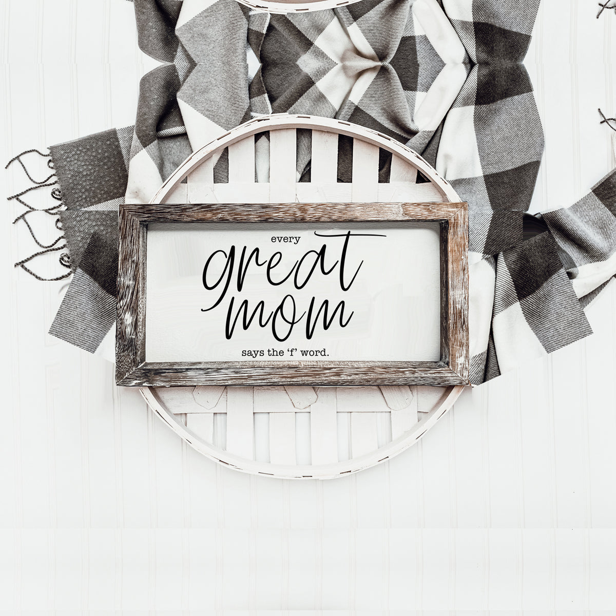 Great Mom Sign with distressed wood frame and white background by Gia Roma on Tampa Home & Garden Store
