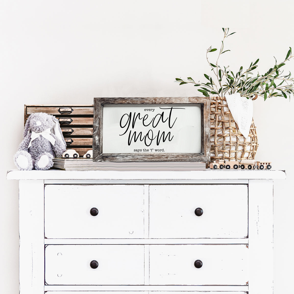Great Mom Sign Gia Roma, rustic wood frame with black script for home decor on Tampa Home & Garden Store