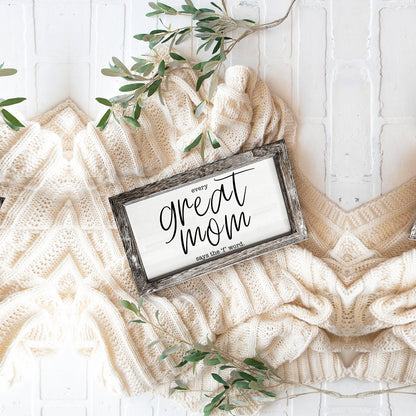 Great Mom Sign rustic framed white panel by Gia Roma on cream knit backdrop with greenery on Tampa Home & Garden Store