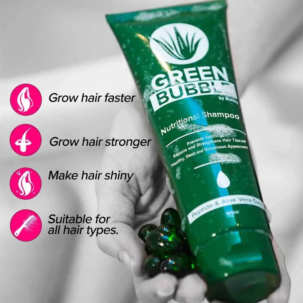 Green Bubble Hair Growth Set (3-pack) green shampoo tube with pink benefit icons on Tampa Home & Garden Store
