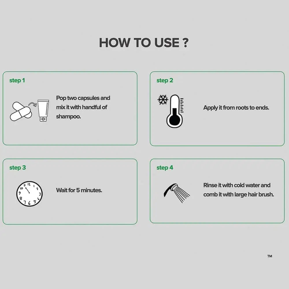 Green Bubble Hair Growth Set by Bubbly Pack of 3 four-step usage infographic: capsules with shampoo, apply from roots to ends, wait 5 minutes, rinse and comb with large brush on Tampa Home & Garden Store