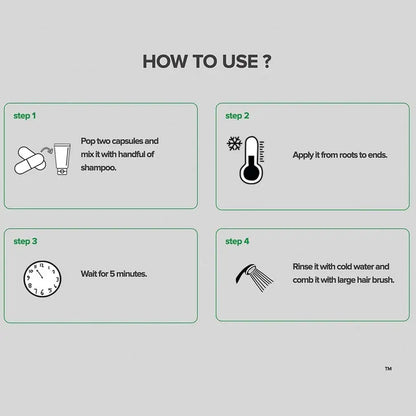 Green Bubble Hair Growth Set by Bubbly Pack of 3 four-step usage infographic: capsules with shampoo, apply from roots to ends, wait 5 minutes, rinse and comb with large brush on Tampa Home & Garden Store