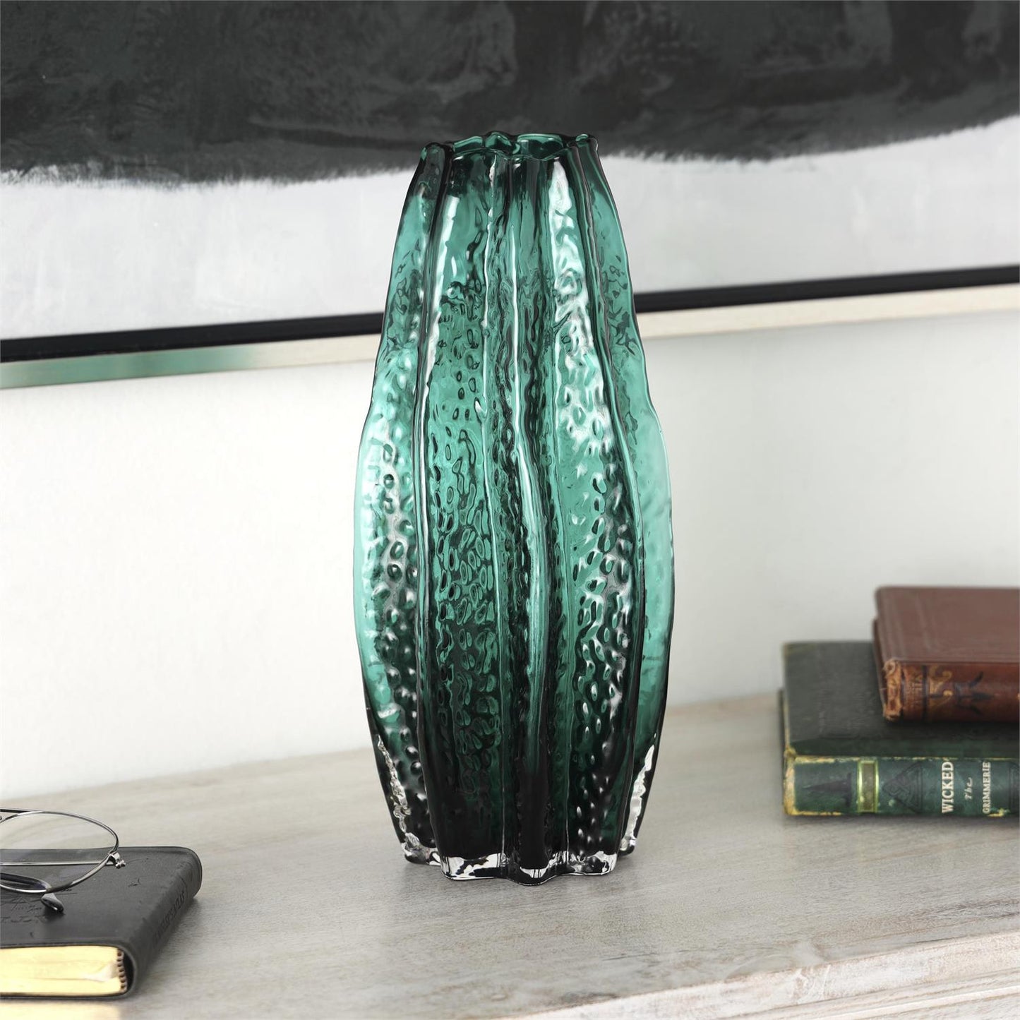 Green Glass Bubble Vase and Coastal Decor Piece