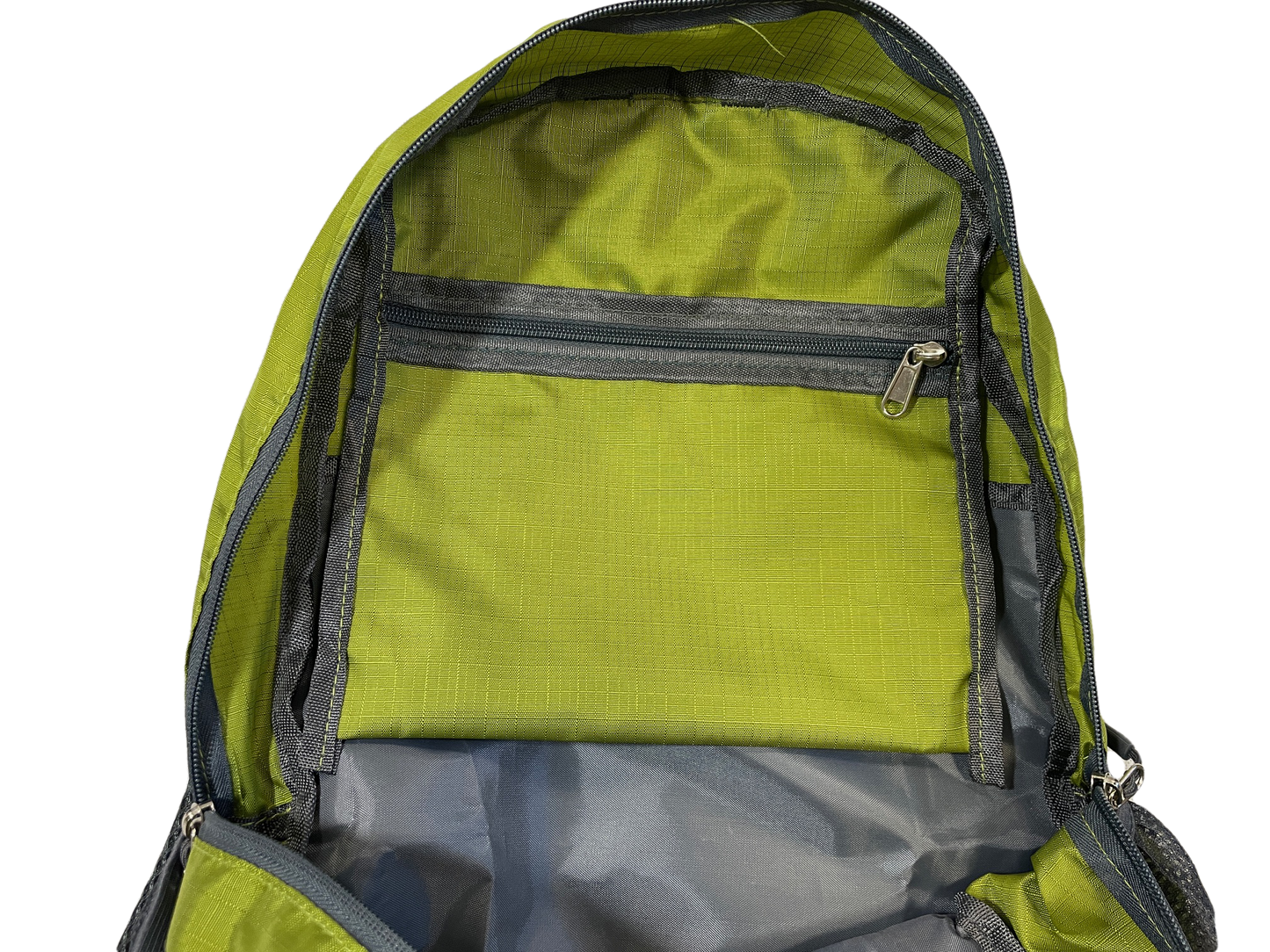 Green polyester backpack River Country Gear with black zipper trim and gray interior on Tampa Home & Garden Store