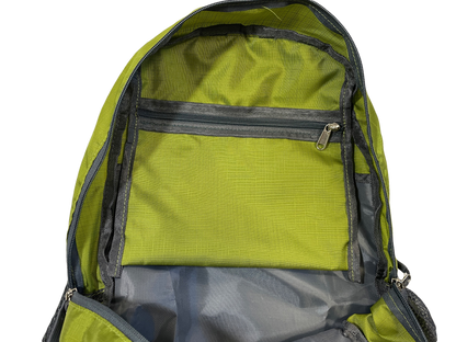 Green polyester backpack River Country Gear with black zipper trim and gray interior on Tampa Home & Garden Store