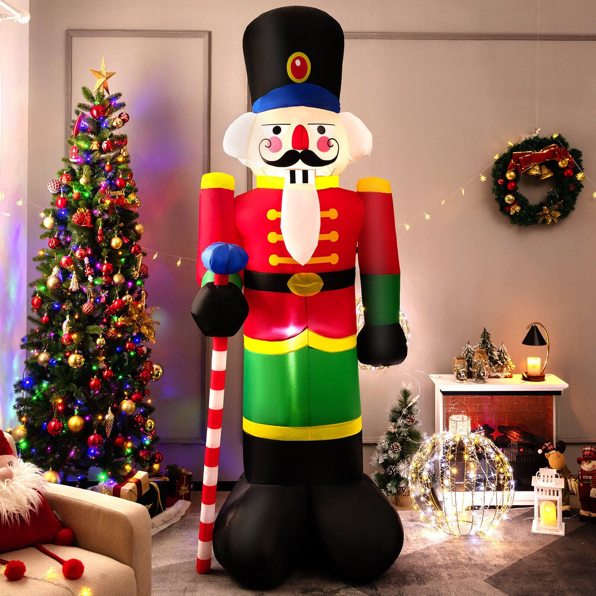 8 ft inflatable nutcracker with 2 builtin LEDs, red coat, blue hat, candy cane staff on Tampa Home & Garden Store