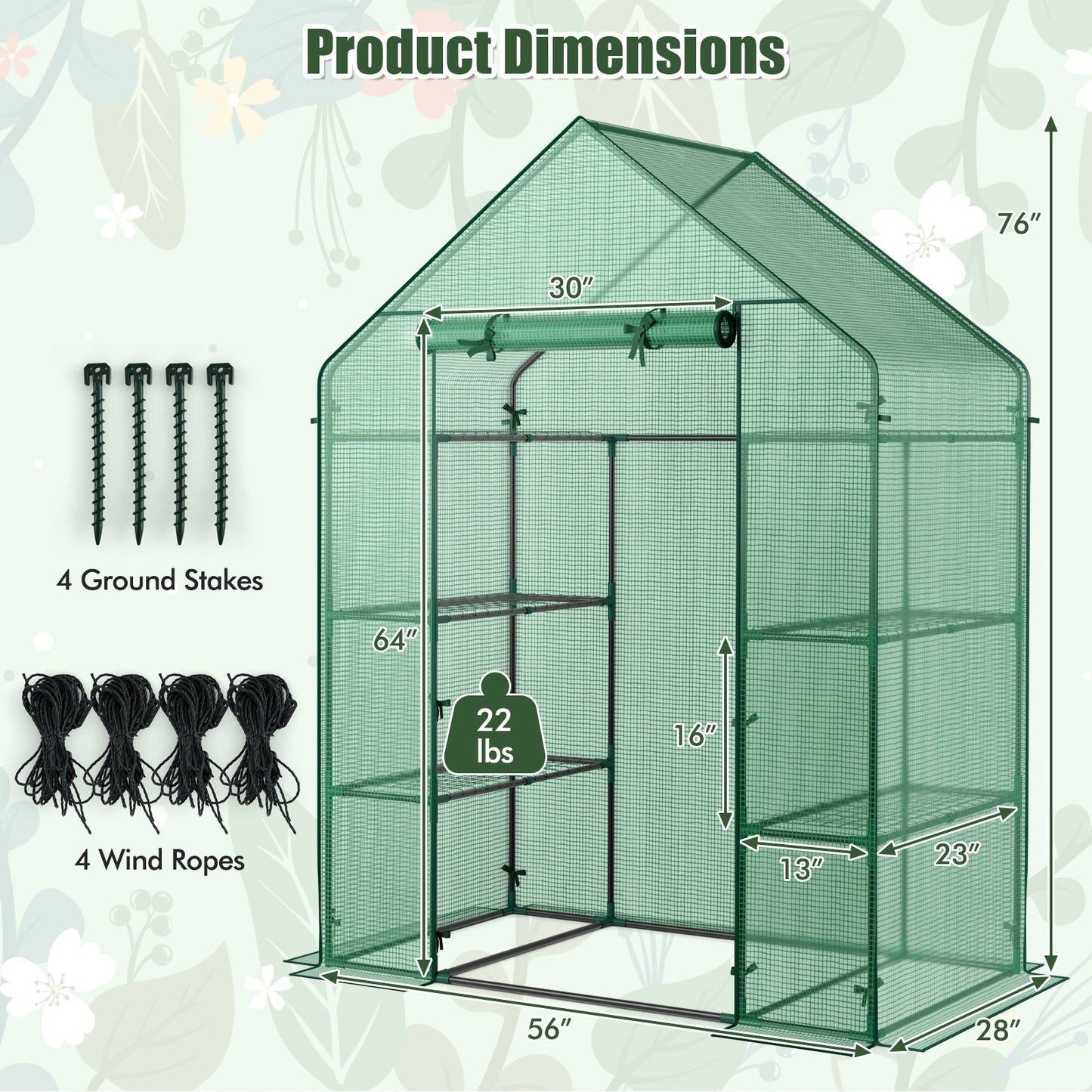 Portable 4 Tier Walk-in Plant Greenhouse with 8 Shelves