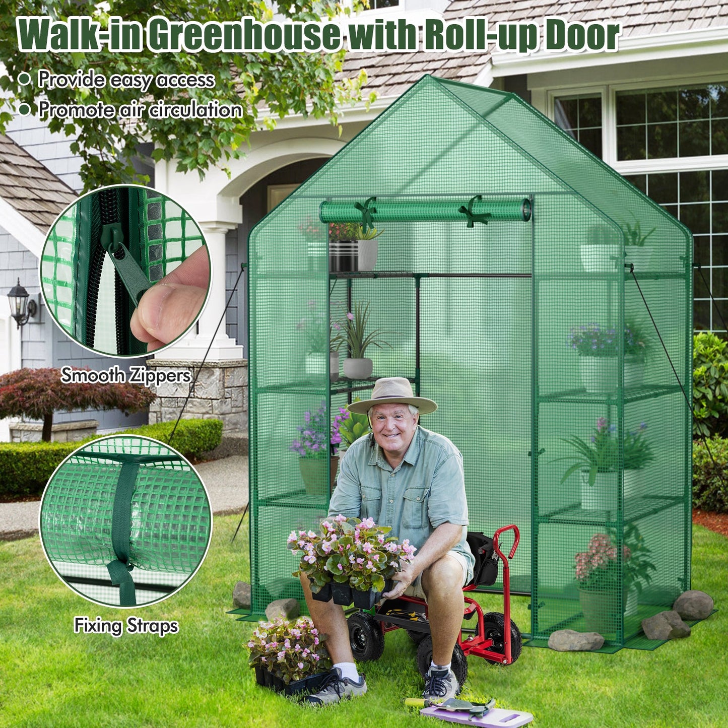Portable 4 Tier Walk-in Plant Greenhouse with 8 Shelves