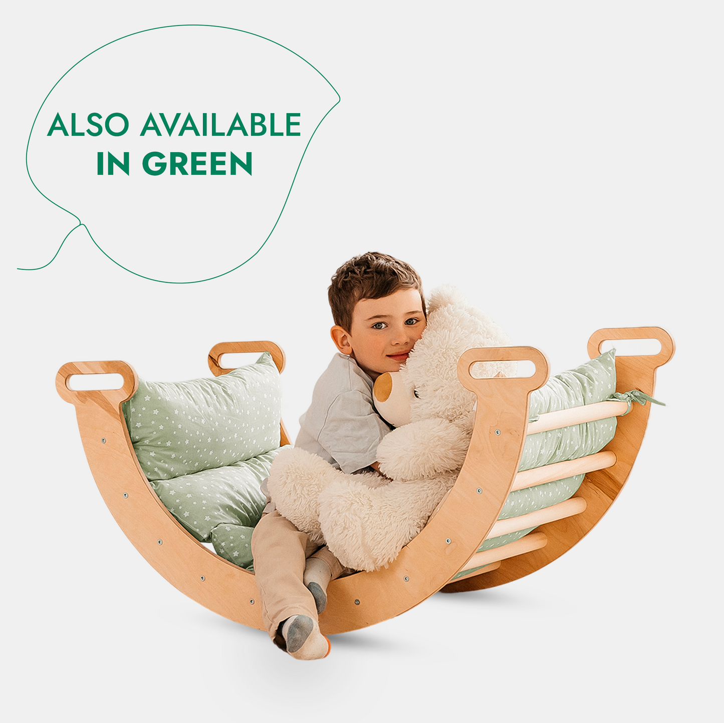 5in1 Montessori climbing set round wooden swing with green star cushions; two kids, teddy on Tampa Home & Garden Store