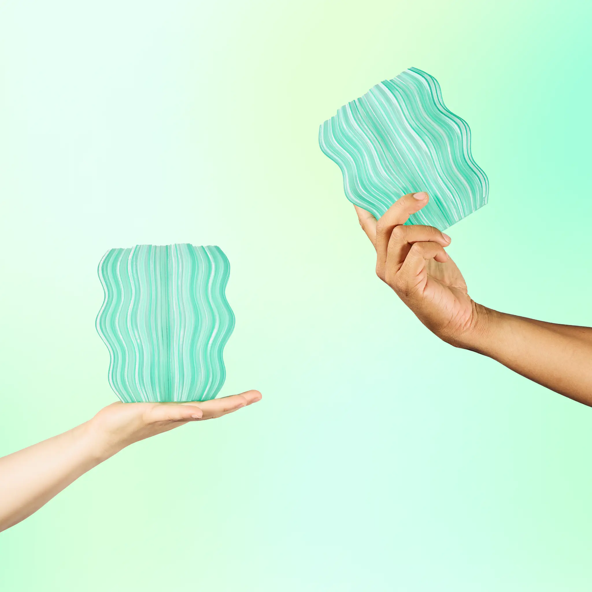 Mini Wavy Lamps by Wooj Design, pair of turquoise-striped ceramic table lamps on Tampa Home & Garden Store