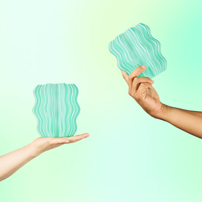 Mini Wavy Lamps by Wooj Design, pair of turquoise-striped ceramic table lamps on Tampa Home & Garden Store