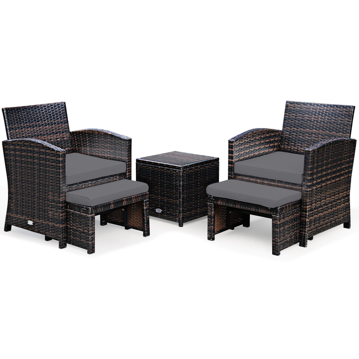DirectDeals gray 5-piece patio rattan set with ottoman and tempered glass coffee table on Tampa Home & Garden Store