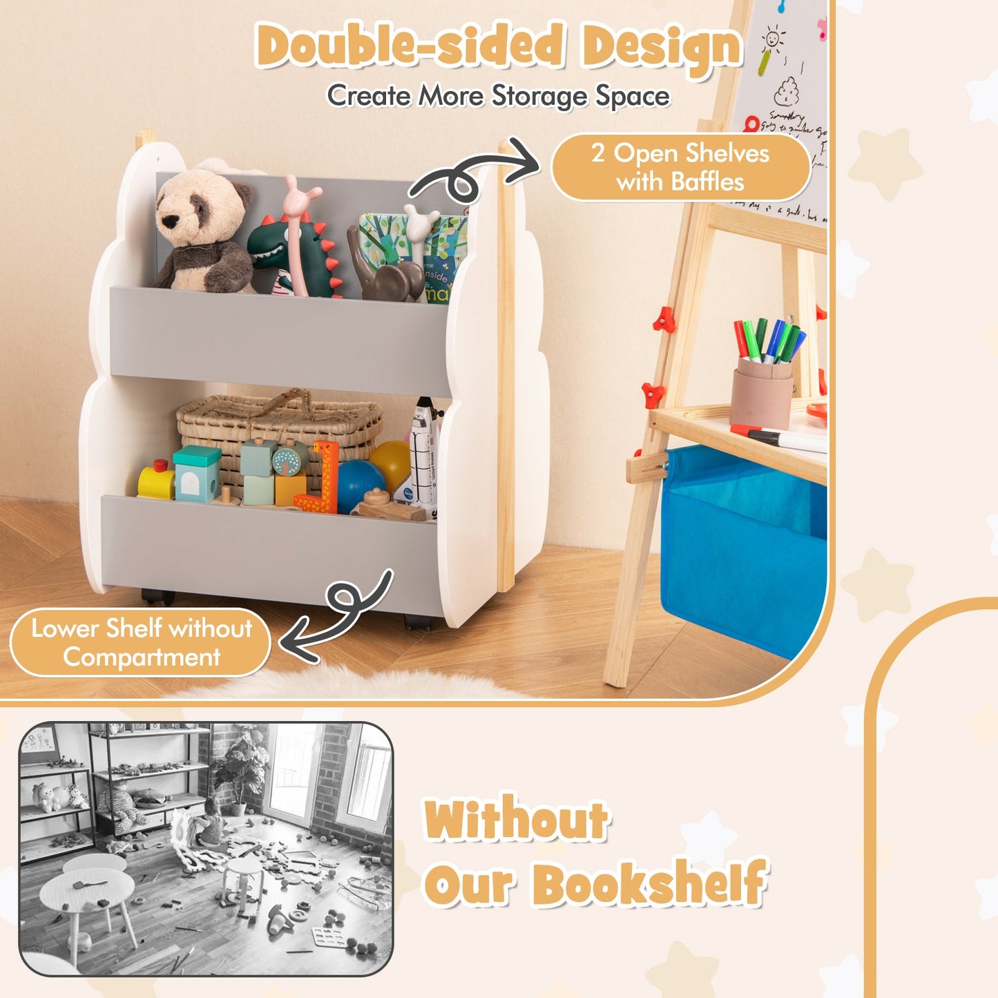 Kids Wooden Bookshelf with Universal Wheels