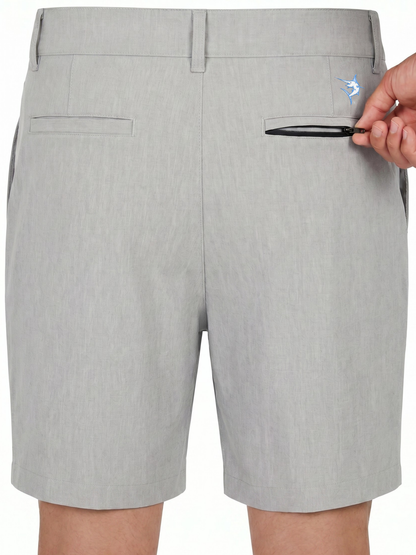 Bayport Lightweight Shorts, light gray fabric with back zip pocket and marlin logo on Tampa Home & Garden Store