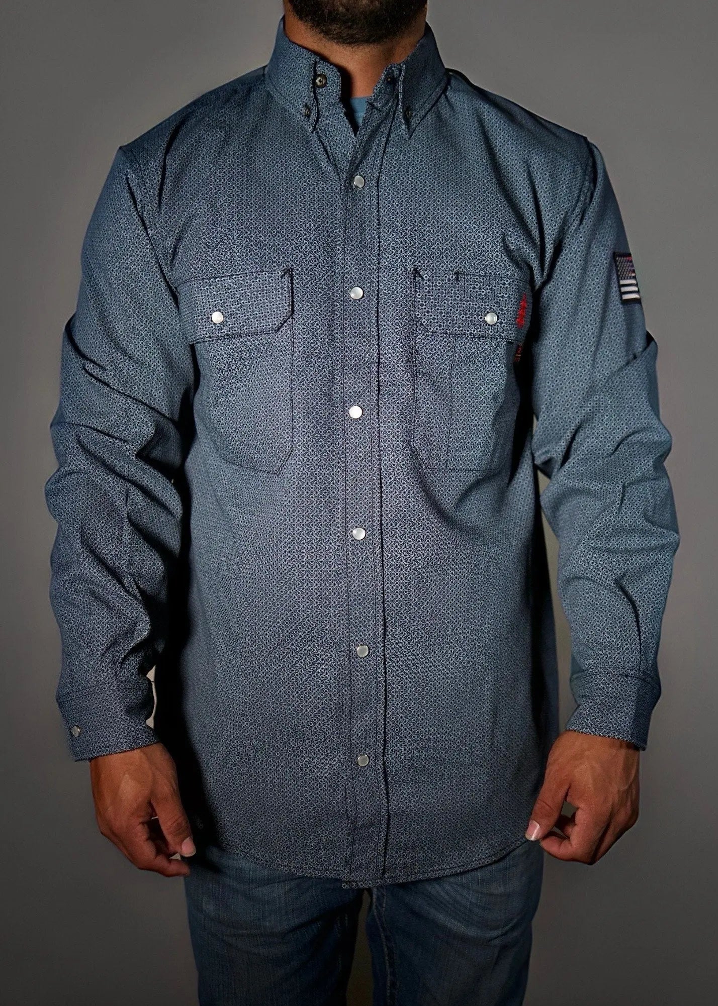 Static FR Pearl Snap Work Shirt forged gray with U.S. flag patch on sleeve, button-front on Tampa Home & Garden Store