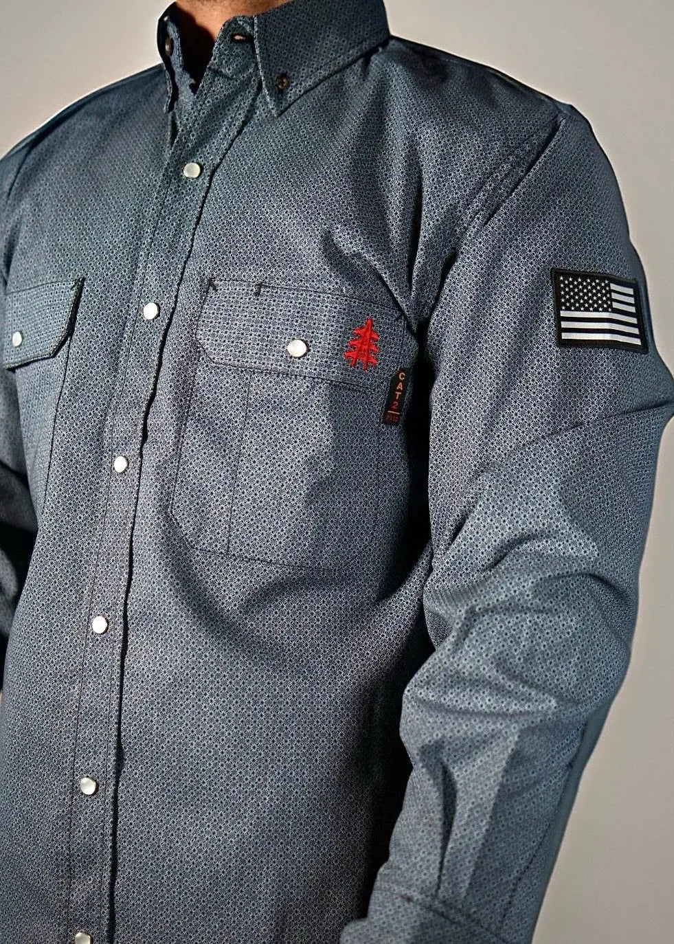 Static FR Pearl Snap Work Shirt Forged Gray with U.S. flag patch on sleeve on Tampa Home & Garden Store