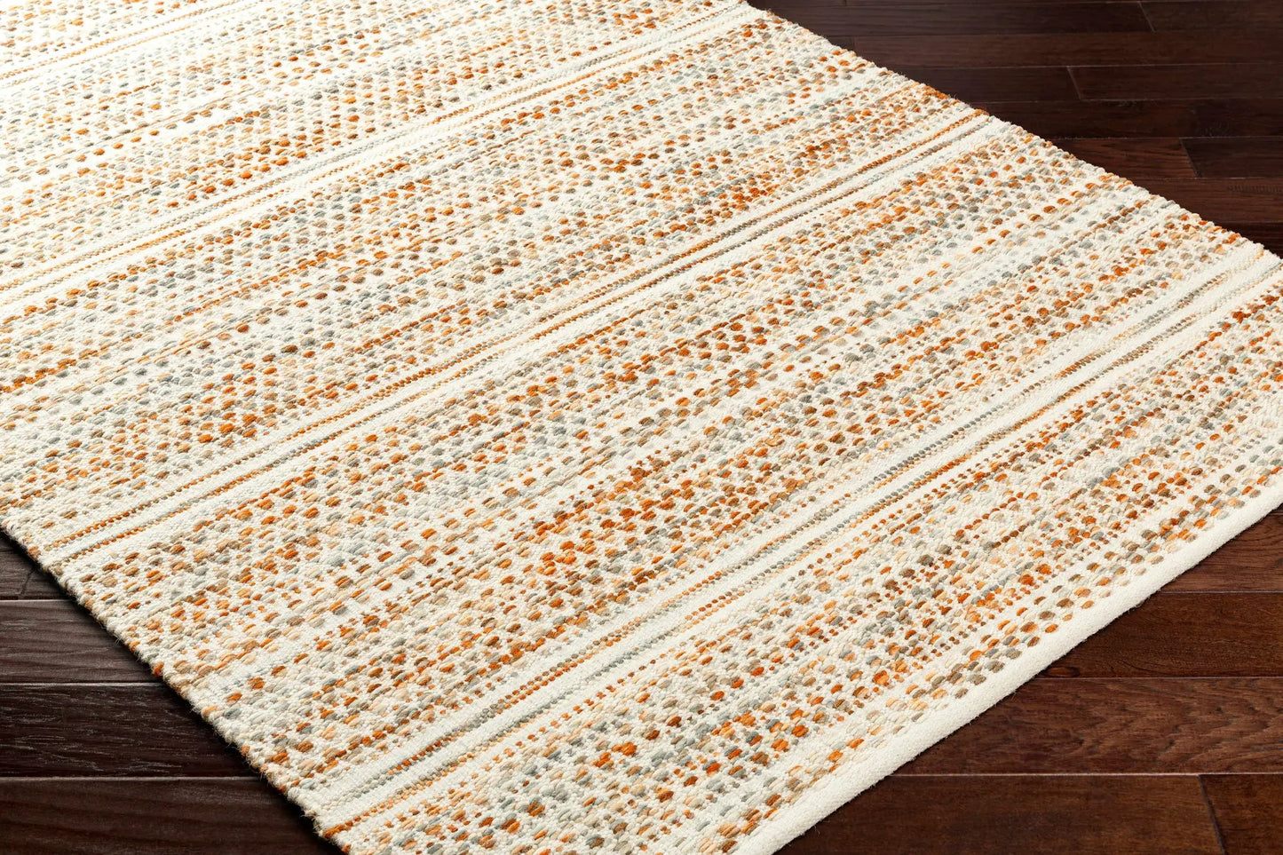 Griet Hand Woven Wool Rug by Boutique Rugs, cream base with orange and gray woven stripes on Tampa Home & Garden Store