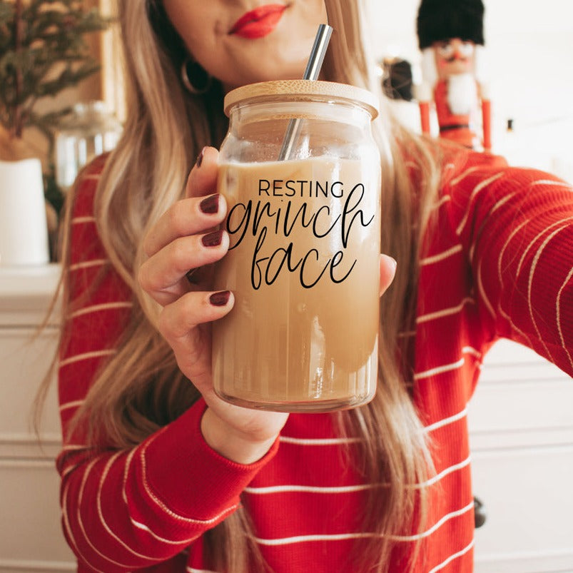 Grinch Face 17oz glass cup with wooden lid and metal straw on Tampa Home & Garden Store