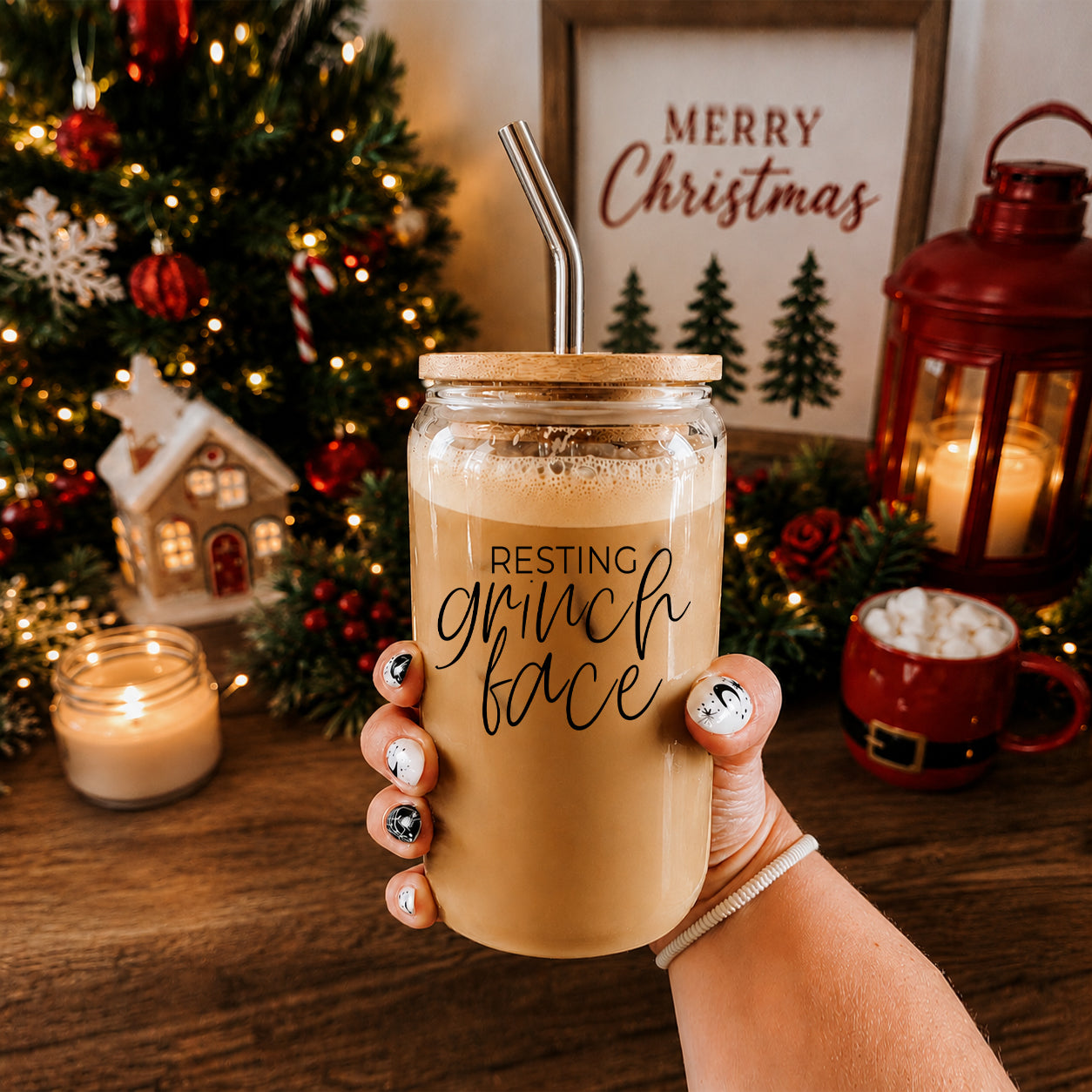Grinch Face 17oz glass cup Gia Roma drinkware with bamboo lid and metal straw on Tampa Home & Garden Store
