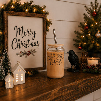Grinch Face 17oz glass cup with bamboo lid and straw by Gia Roma on holiday display on Tampa Home & Garden Store