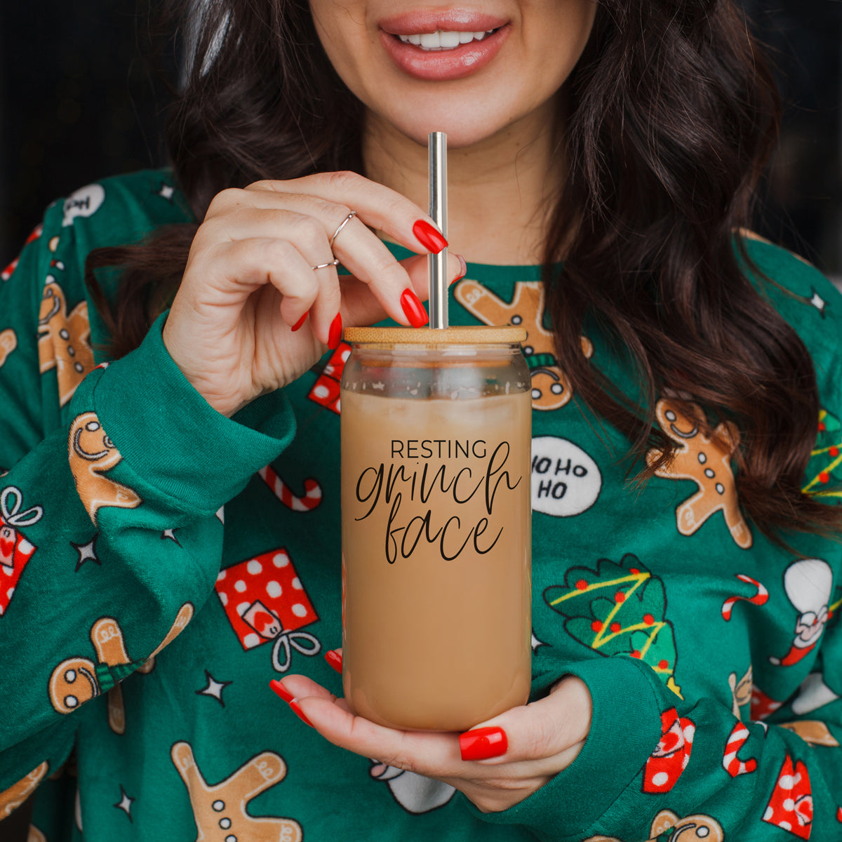 Grinch Face 17oz glass cup Gia Roma drinkware with wood lid and metal straw on Tampa Home & Garden Store