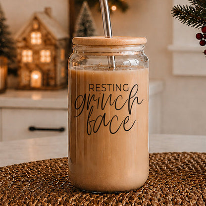 Grinch Face 17oz glass cup by Gia Roma with wooden lid and straw on Tampa Home & Garden Store