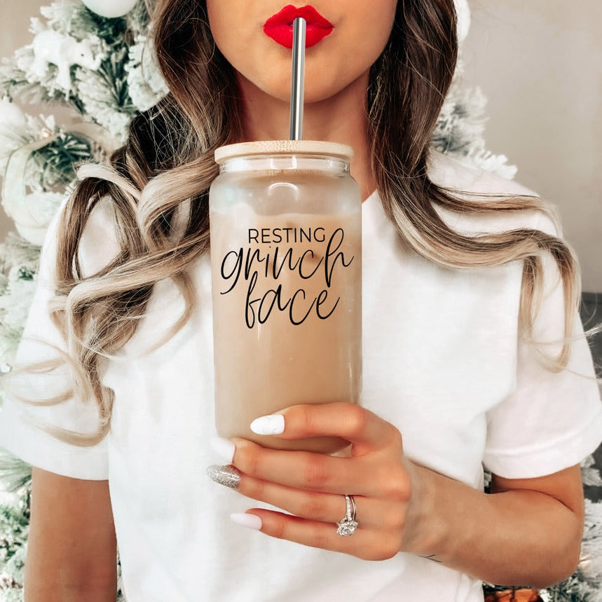 Grinch Face 17oz glass tumbler with lid and straw, beige gradient finish on Tampa Home & Garden Store