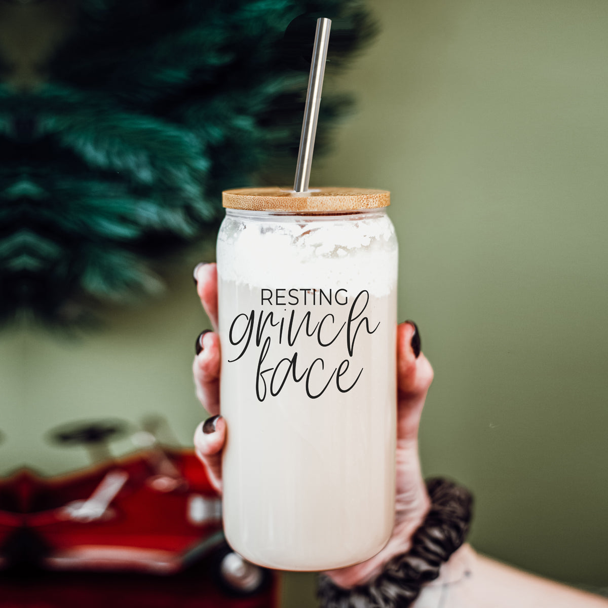 Grinch Face 17oz glass cup by Gia Roma with bamboo lid and metal straw on Tampa Home & Garden Store