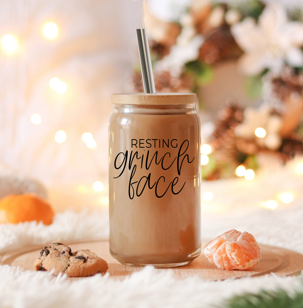 Grinch Face Set 17oz glass cup by Gia Roma with wood lid and metal straw, drinkware on Tampa Home & Garden Store
