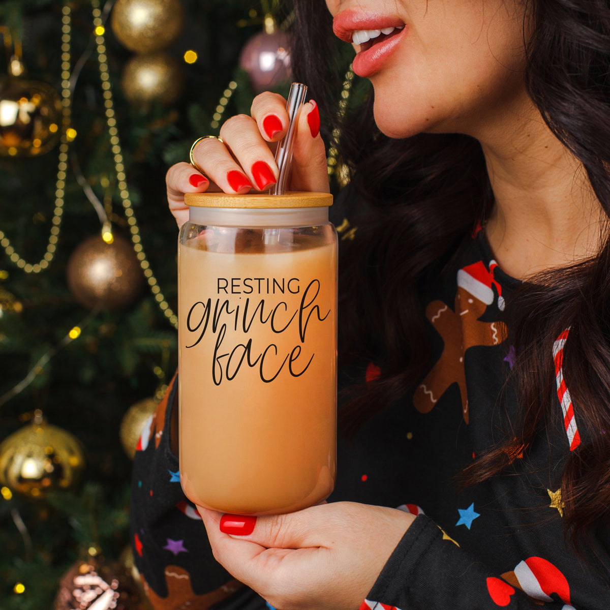 Grinch Face 17oz glass cups set by Gia Roma with wooden lid and clear straw on Tampa Home & Garden Store