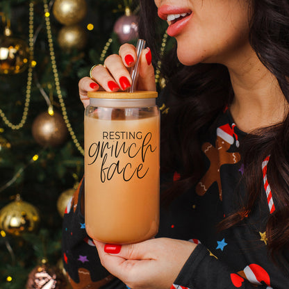 Grinch Face 17oz glass cups set by Gia Roma with wooden lid and clear straw on Tampa Home & Garden Store